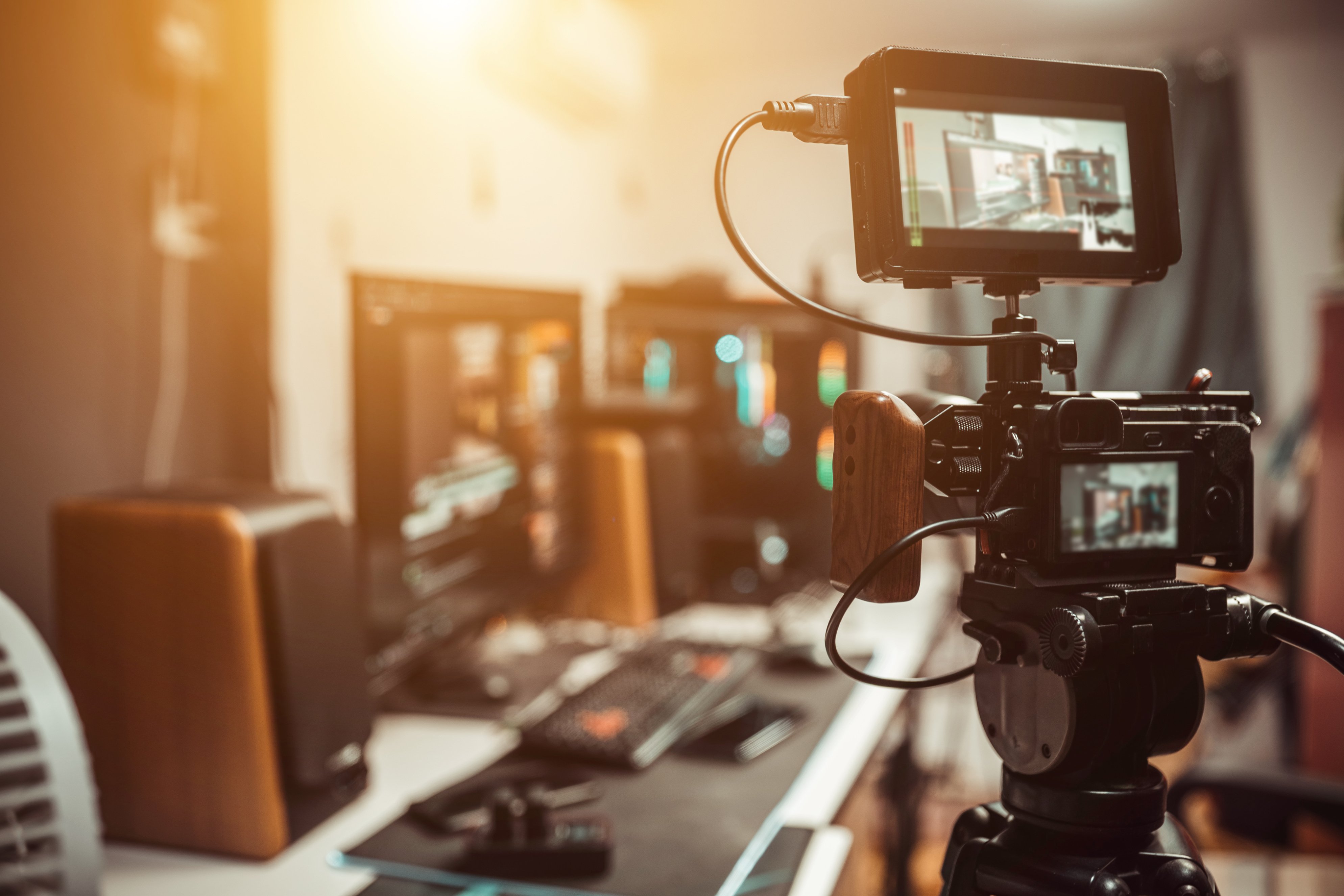 Camera film set on the tripod in the studio